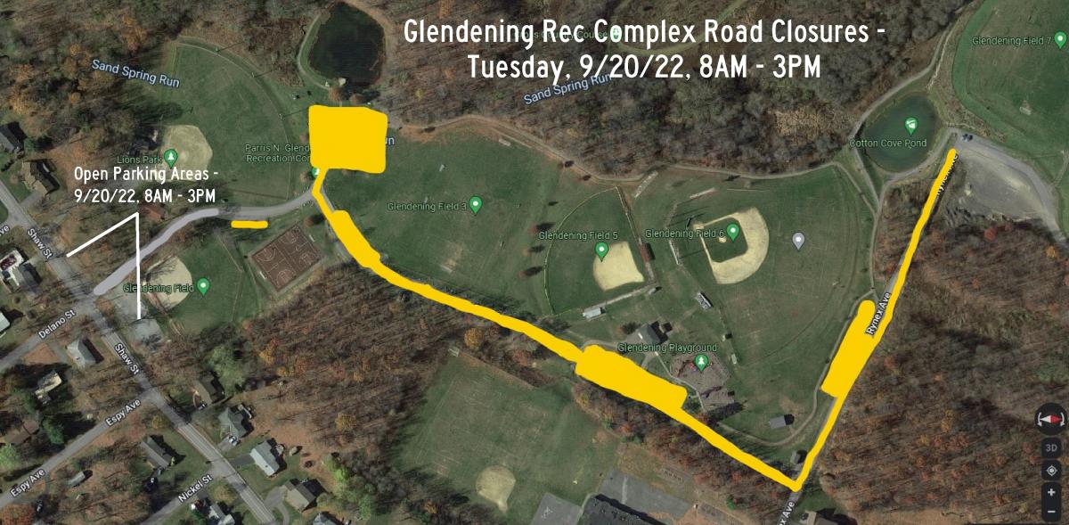 Map of Affected Areas at the Glendening Recreation Complex on Tuesday, September 20 Alternate Parking Areas at the Glendening Recreation Complex for September 20, 2022